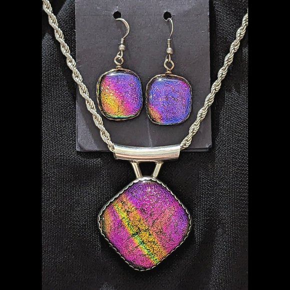 MODERN Purple & Pink Dichroic Glass Solid Sterling Silver Pendant & Earrings Set - Picture 3 of 5
